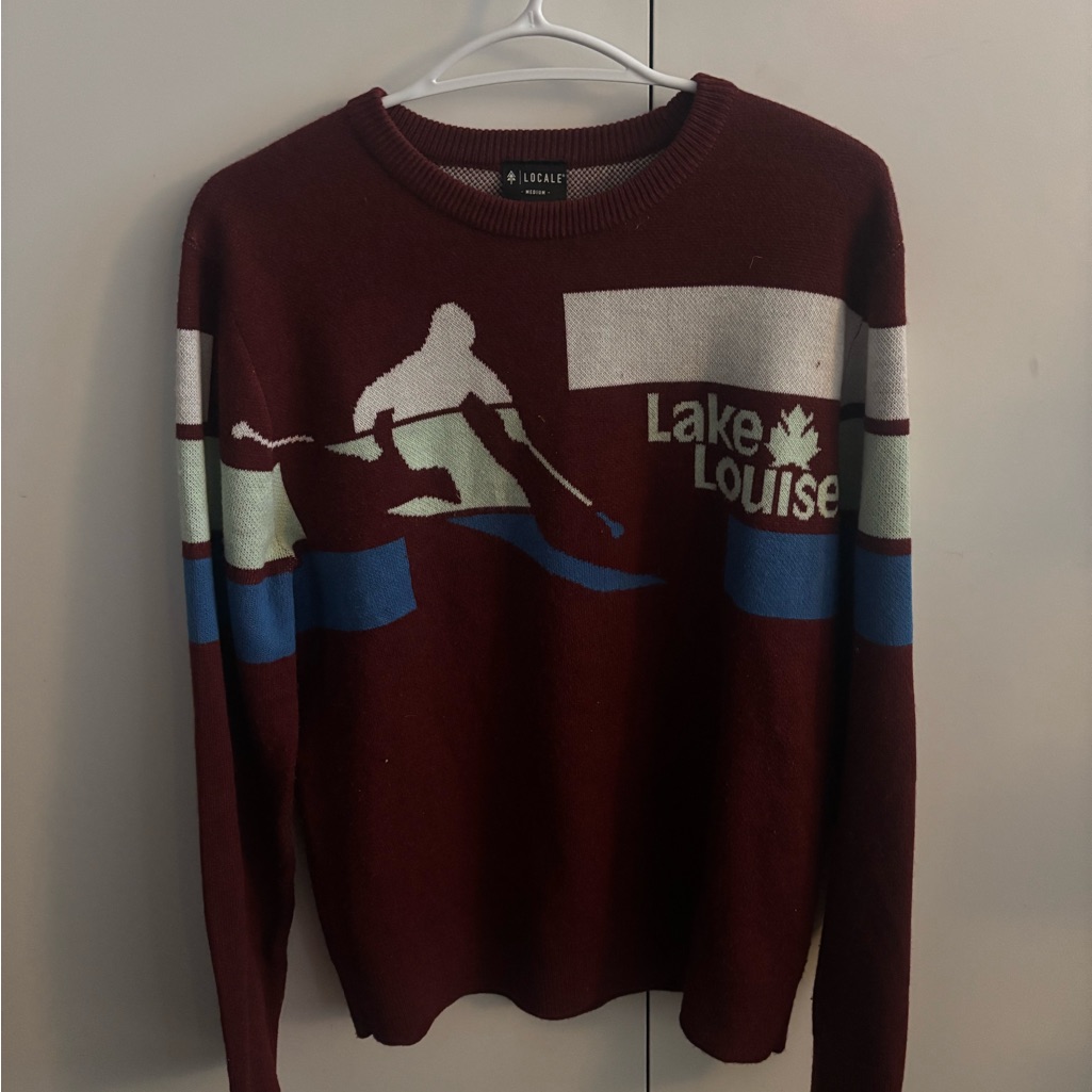 Lake Louise Maroon Graphic Ski Crewneck Sweater By Locale